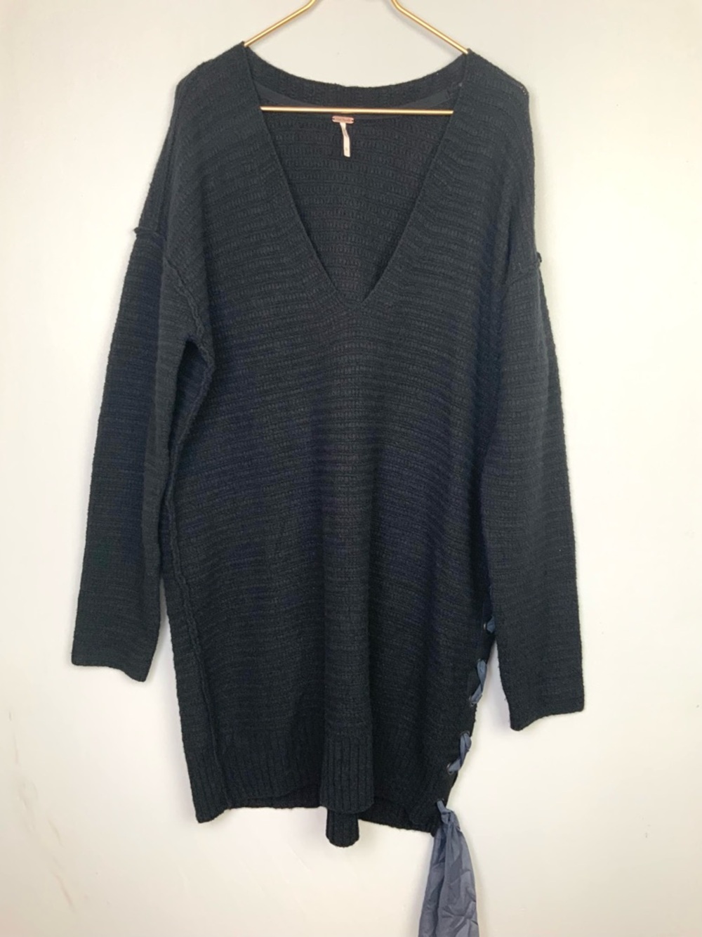 Free People Oversized Large Black Heart It Lace Up Sweater Tunic Dress Grunge